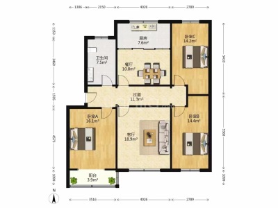 紫金山小区 3室2厅1卫南北 中装