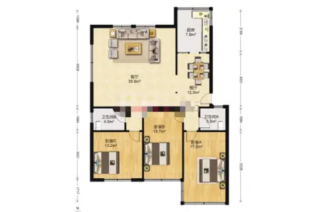 海牛花园 3室2厅2卫 南北 